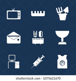 Premium set with fill icons. Such as desk, entertainment, hairbrush, search, screen, medical, television, envelope, work, object, video, glass, brush, hair, tool, summer, communication, restaurant, tv