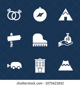 Premium set with fill icons. Such as nature, ring, gift, building, white, crater, direction, wedding, love, real, bag, arrow, mountain, business, map, piano, compass, musical, sack, tent, landscape