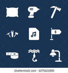 Premium set with fill icons. Such as comfortable, bed, finance, equipment, tool, spanner, note, business, bedroom, element, sleep, decoration, pillow, banking, repair, sound, money, hook, wrench, lamp