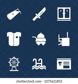 Premium set with fill icons. Such as knife, furniture, fork, park,  meal, fashion, cabinet, eye, atom, desk, carousel, sign, shirt, work, menu, white, dinner, modern, metal, chemistry, kitchen