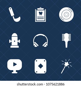 Premium set with fill icons. Such as dentist, cook, play, sign, beauty, auto, cooking, fire, modern, video, wand, car, brush, technology, wheel, game, hair, audio, media, magic, kitchenware, poker