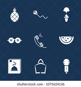 Premium set with fill icons. Such as voice, ice, tropical, fun, kite, sale, glasses, watermelon, happy, phone, food, bag, karaoke, sunglasses, fruit, hippie, joy, exotic, childhood, fresh, , machine