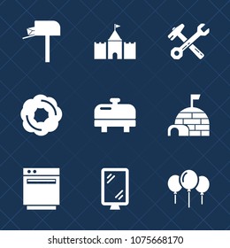 Premium set with fill icons. Such as home, sign, wrench, banner, house, snow, delivery, road, technology, cake, tool, street, doughnut, heater, oven, arctic, equipment, ice, correspondence, sweet, gas