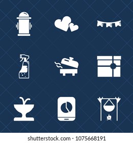 Premium set with fill icons. Such as romantic, water, street, bonfire, fountain, department, housework, holiday, hydrant, event, chart, heart, heater, architecture, gift, boiler, present, bottle, love