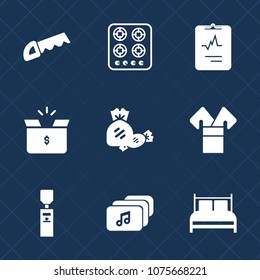 Premium set with fill icons. Such as cook, shipping, pulse, bedroom, candy, package, saw, tool, gas, kimono, water, oven, carton, asia, kitchen, heat, costume, bed, medicine, cardiology, box, work