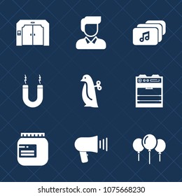 Premium set with fill icons. Such as celebration, magnetic, music, building, science, food, child, boy, baby, jar, format, toy, down, birthday, document, communication, speaker, energy, young, sign