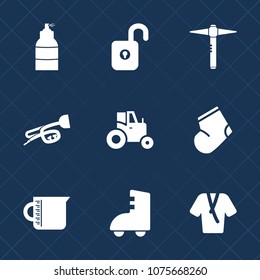 Premium set with fill icons. Such as protection, agriculture, equipment, vehicle, sign, clothes, music, agricultural, roller, farming, bathrobe, tractor, container, farm, safety, paint, winter, glass