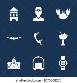 Premium set with fill icons. Such as seafood, watch, dentistry, city, travel, medical, call, architecture, tower, time, glass, house, network, clinic, gadget, telephone, cocktail, crab, treatment, sea