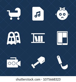 Premium set with fill icons. Such as camera, tablet, book, kid, shovel, video, construction, cooking, computer, sound, sea, childhood, little, handle, pram, sign, film, education, tool, kitchen, ladle