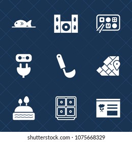 Premium set with fill icons. Such as cake, seafood, home, geography, food, doughnut, safe, tv, energy, finance, audio, fish, restaurant, adapter, electric, socket, cinema, money, lunch, atlas, sound
