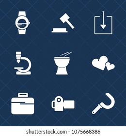 Premium set with fill icons. Such as music, agriculture, science, farming, web, device, business, hammer, screen, bag, valentine, romance, download, photographer, arrow, photo, downloading, equipment