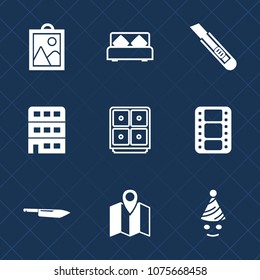 Premium set with fill icons. Such as urban, cutter, tool, architecture, business, party, picture, money, travel, finance, pin, entertainment, photo, film, bank, knife, double, bed, location, clown