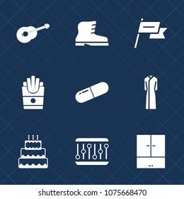 Premium set with fill icons. Such as potato, unhealthy, medical, meal, dress, wind, music, leather, food, guitar, foot, waving, snack, brown, lunch, country, musical, boot, french, nation, footwear