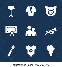 Premium set with fill icons. Such as frame, musician, people, award, cream, person, clothes, pig, clothing, baby, music, piggy, kid, dessert, child, paint, brush, sign, sweet, hog, pork, orchestra