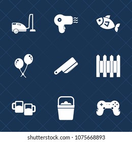 Premium set with fill icons. Such as object, joystick, fence, wall, white, equipment, fish, vacuum, birthday, handle, alcohol, cleaner, fishing, hairdresser, pub, home, decoration, food, hair, seafood