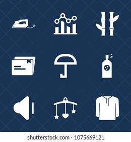 Premium set with fill icons. Such as clothing, umbrella, chinese, audio, bed, file, document, home, paint, green, graph, tree, electric, tool, equipment, business, trendline, asian, financial, volume