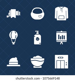 Premium set with fill icons. Such as white, business, clothing, report, baggage, headwear, food, hat, modern, annual, restaurant, backpack, soap, entrance, clothes, coffee, sky, style, lift, document