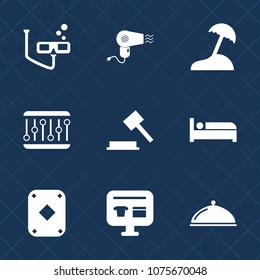 Premium set with fill icons. Such as music, beach, hammer, underwater, island, service, bed, sign, snorkel, hairdresser, room, game, vacation, mask, hotel, palm, waveform, dryer, volume, abstract, law