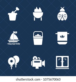 Premium set with fill icons. Such as water, fire, film, camera, outdoor, bucket, playground, cabinet, decoration, fun, insect, birthday, meat, sandbox, celebration, soft, bug, dragon, food, play, bbq