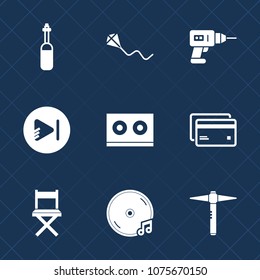 Premium set with fill icons. Such as seat, web, fun, electric, music, sky, dental, play, repair, hand, tooth, construction, work, casette, power, science, happy, laboratory, lab, machine, fly, hammer