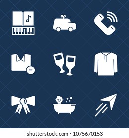 Premium set with fill icons. Such as sign, shower, note, child, clothes, paper, fun, jacket, button, clef, mobile, travel, shirt, plane, alcohol, baby, bow, call, toy, clothing, tie, treble, kid, wine