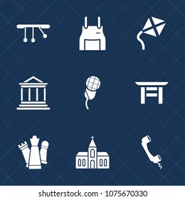 Premium set with fill icons. Such as church, cook, protective, piece, finance, phone, audio, shrine, money, communication, chess, sign, strategy, sky, kite, music, apron, mic, religion, torii, cooking