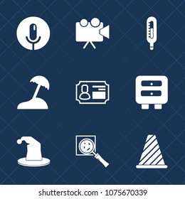 Premium set with fill icons. Such as sign, beach, cold, celsius, fahrenheit, light, movie, road, equipment, traffic, search, vacation, identity, circus, business, thermometer, music, drawer, id, find