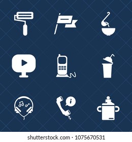 Premium set with fill icons. Such as headset, video, telephone, center, call, technology, wind, waving, media, cup, food, plastic, bottle, meal, sign, country, roll, paint, music, bowl, state, nation