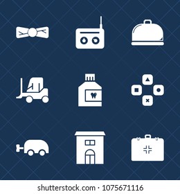 Premium set with fill icons. Such as house, microphone, emergency, radio, communication, mouthwash, building, health, mouth, computer, clothing, elegance, truck, music, bow, cargo, hygiene, sound, fun