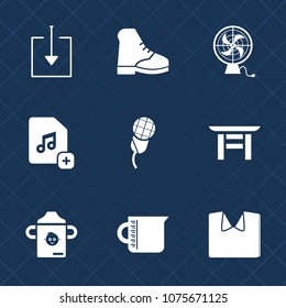 Premium set with fill icons. Such as button, fan, downloading, boot, bottle, black, liquid, nutrition, shirt, white, mic, container, shrine, glass, karaoke, transparent, audio, sign, japanese, air
