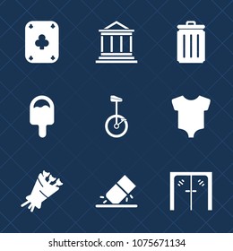 Premium set with fill icons. Such as garbage, baby, food, clothes, card, bin, sign, play, bank, white, gambling, black, eraser, bouquet, concept, recycle, clothing, door, flower, handle, entrance, kid