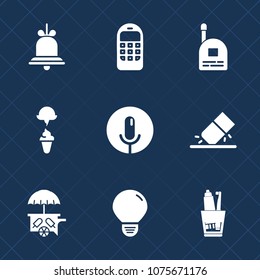 Premium set with fill icons. Such as cream, sound, energy, hygiene, call, sign, toy, child, food, fun, communication, van, white, bell, voice, education, old, toothpaste, ring, idea, notification, ice