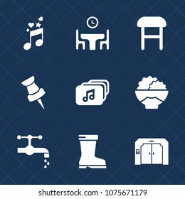 Premium set with fill icons. Such as faucet, clef, woman, leather, happy, pin, armchair, note, elevator, table, water, modern, map, room, footwear, fashion, furniture, time, sound, melody, tap, chair