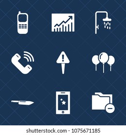 Premium set with fill icons. Such as concept, mobile, birthday, phone, attention, up, water, folder, office, success, celebration, caution, sign, danger, balloon, bath, decoration, bathroom, call, web