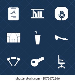 Premium set with fill icons. Such as chair, silhouette, parachuting, jump, cardiology, footwear, heart, learning, pulse, music, sign, extreme, mic, home, water, health, library, interior, medical, key