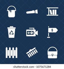Premium set with fill icons. Such as man, lamp, money, recycling, work, wall, stroke, flashlight, film, shape, bright, light, electric, color, garbage, trash, camera, waste, collection, night, recycle