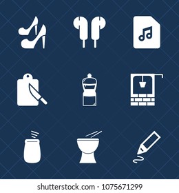 Premium set with fill icons. Such as bucket, water, audio, note, sign, old, melody, kitchen, tool, sound, broom, fork, music, elegance, pen, percussion, earphone, knife, stereo, dinner, heel, table