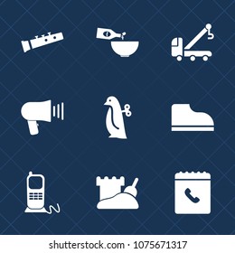 Premium set with fill icons. Such as penguin, meal, business, music, gourmet, baby, food, vehicle, road, car, sand, pipe, children, tow, wine, animal, telephone, speaker, loudspeaker, auto, megaphone