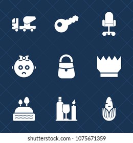 Premium set with fill icons. Such as crown, sweet, sad, lock, royal, child, chair, bag, industrial, equipment, healthy, cake, dessert, baby, work, key, machine, alcohol, fashion, security, vegetable