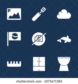 Premium set with fill icons. Such as camera, pot, internet, fish, no, seafood, brush, photo, view, cloud, sign, technology, cooking, kitchen, paper, web, blue, percussion, old, photography, picture
