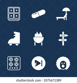 Premium set with fill icons. Such as roller, food, way, skating, holiday, medicine, pill, video, vacation, music, capsule, meat, summer, sport, sunbed, bank, cook, currency, oven, play, safe, pharmacy