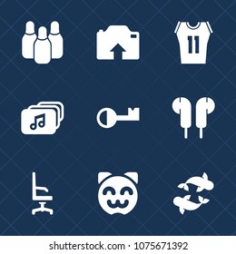 Premium set with fill icons. Such as home, interior, cat, leisure, competition, upload, sign, cute, camera, seafood, sport, comfortable, picture, label, shirt, animal, cone, audio, lock, internet, web