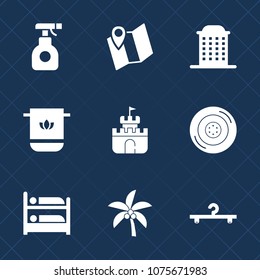 Premium set with fill icons. Such as automobile, hotel, car, tire, cotton, hostel, sprayer, wheel, map, white, cloth, leaf, sand, gps, cloakroom, nature, farm, auto, toy, chemical, tropical, equipment