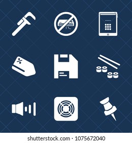 Premium set with fill icons. Such as fan, seafood, sale, diskette, coupon, discount, fish, floppy, internet, disk, sound, japan, screen, no, computer, home, repair, handyman, conditioner, industrial