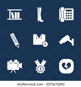 Premium set with fill icons. Such as winner, model, fashion, template, learning, call, broken, t-shirt, library, office, web, love, safety, projection, blank, footwear, mobile, shirt, book, camera