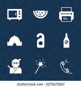 Premium set with fill icons. Such as equipment, print, wand, hotel, liquid, adventure, label, weapon, computer, outdoor, privacy, summer, bottle, food, travel, beverage, samurai, phone, ninja, drink