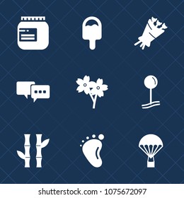 Premium set with fill icons. Such as plant, floral, ice, talk, bouquet, sky, nature, container, summer, pin, speech, flower, extreme, sweet, cherry, parachute, cream, jam, map, parachuting, sakura