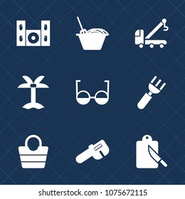 Premium set with fill icons. Such as eyeglasses, hammer, meal, palm, dinner, restaurant, truck, tropical, tv, summer, fork, car, video, eat, style, vehicle, leaf, bowl, leather, nature, technology