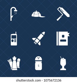 Premium set with fill icons. Such as bar, book, baseball, vintage, clean, wash, piece, spice, strategy, tool, fashion, glass, paint, shower, hygiene, telephone, chess, headwear, alcohol, launch, brush