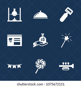 Premium set with fill icons. Such as business, plate, sweet, equipment, peeler, food, money, test, candy, chemical, chemistry, button, menu, lollipop, service, science, peel, happy, celebration, music